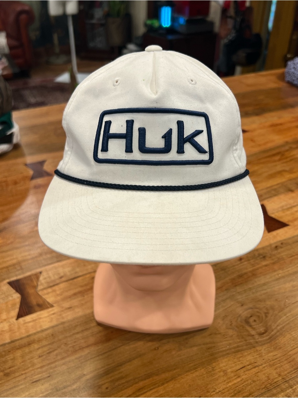 Huk White Cap with Navy Logo and Rope Trim